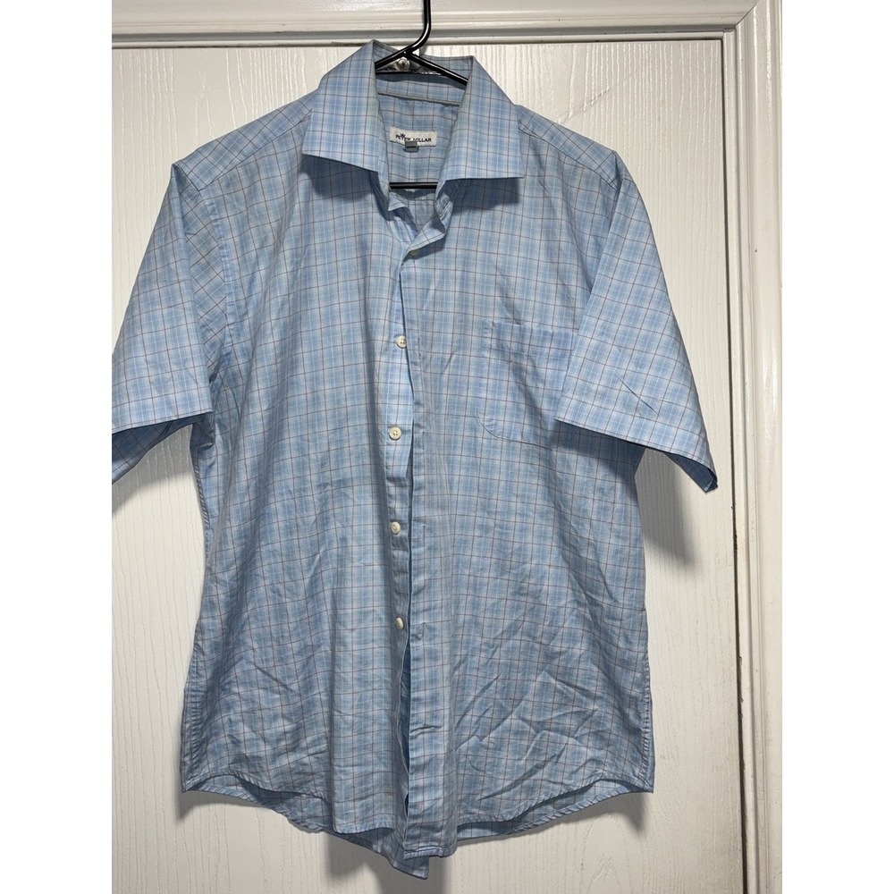 Peter Millar Shirt Mens Large Blue Button Up Plaid Short Sleeve Casual
